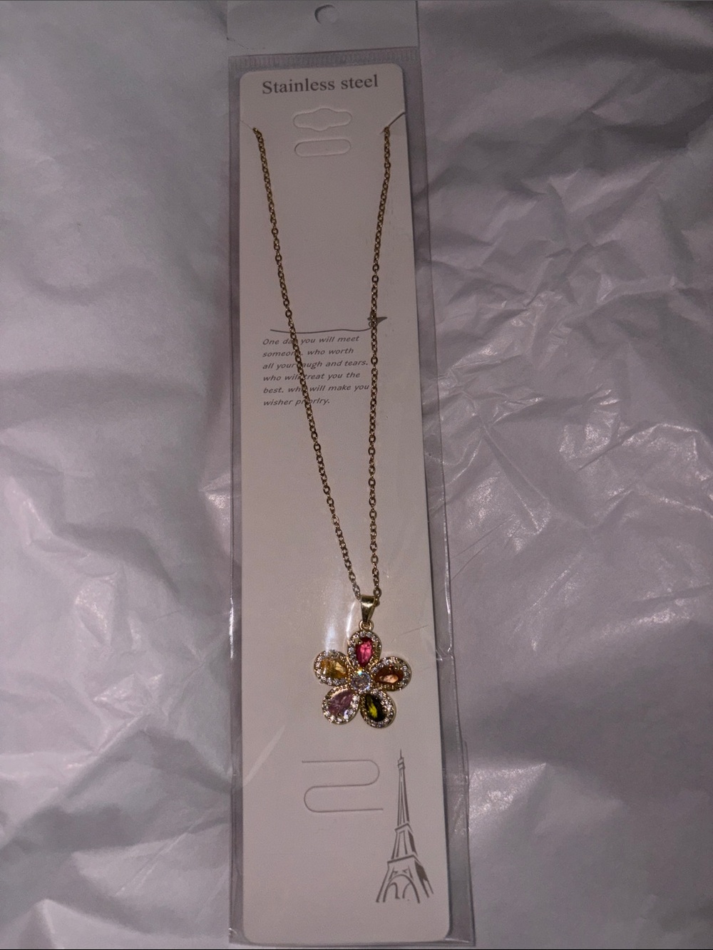 Gold-Tone Flower Pendant Necklace with Multicolor Stones